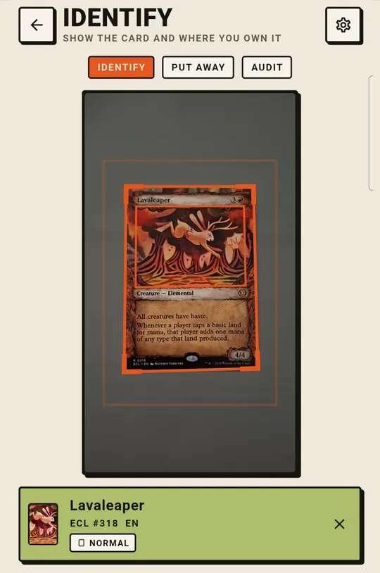 The scanner: a card held in front of the camera, recognised with its name and set shown.