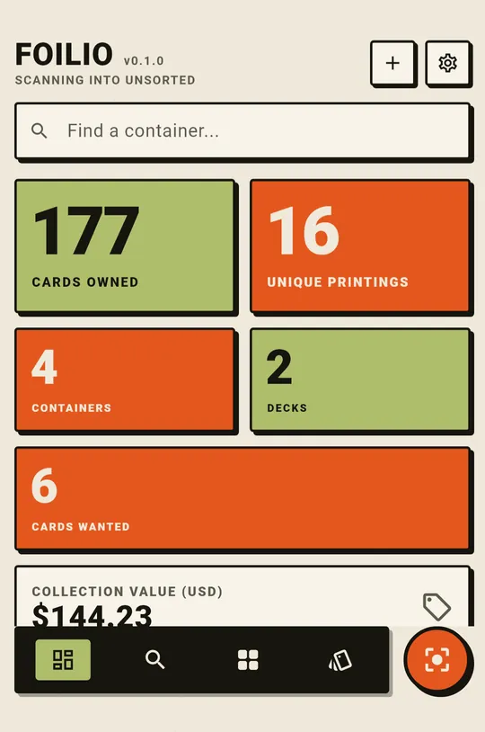 The dashboard: cards owned, unique printings, collection value and the fullest containers.