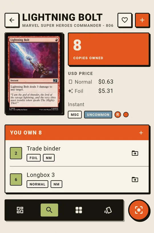 A card page in Foilio: eight copies of Lightning Bolt, two in the trade binder and six in Longbox 3.