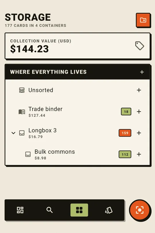 The storage tree: rooms, shelves and boxes nested, each with a card count and a value.