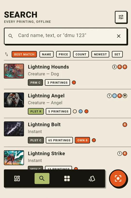 Search results for Lightning Bolt, with printing counts and owned badges.